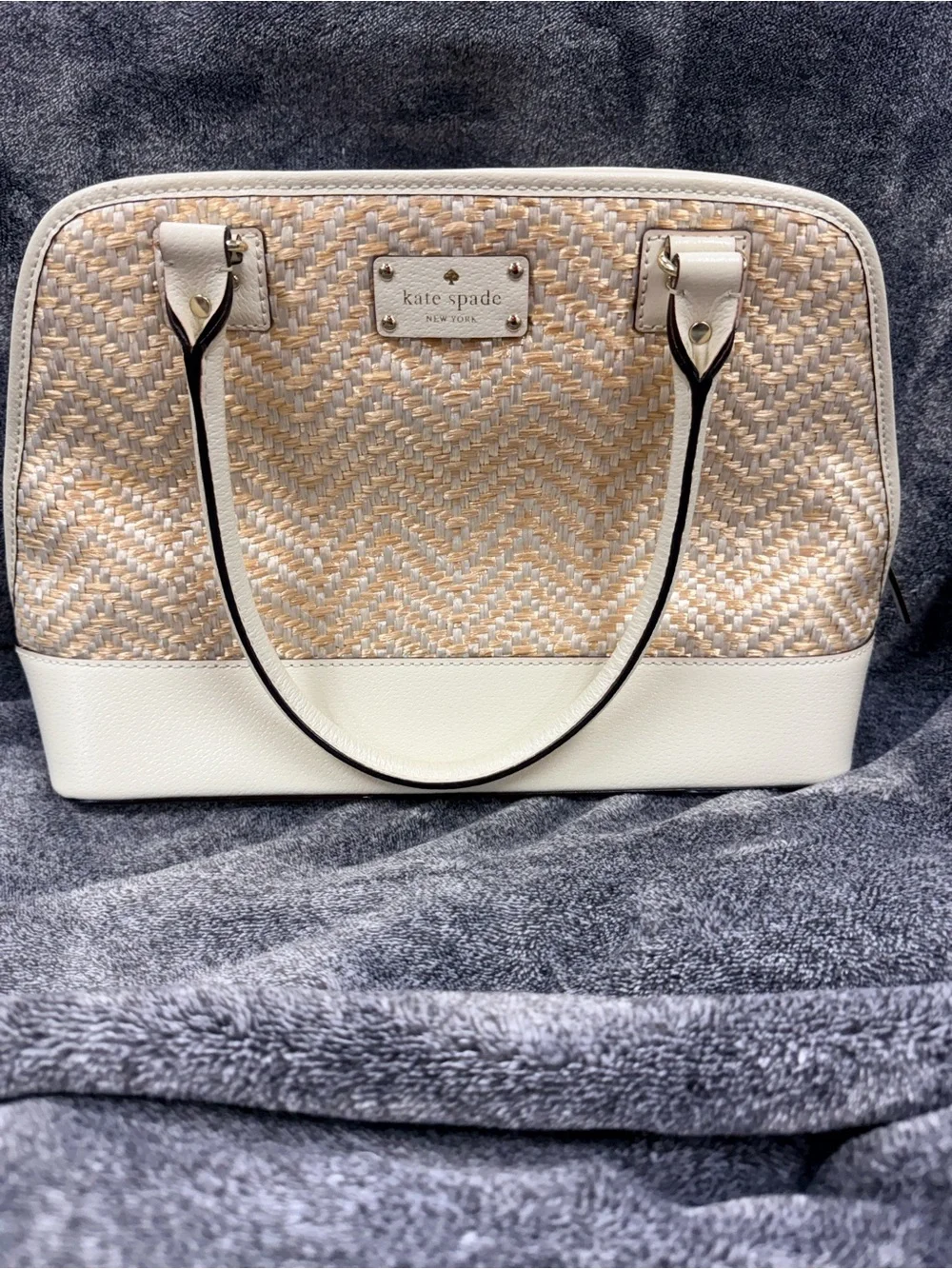 kate spade Cream Woven Dome Tote with White Trim